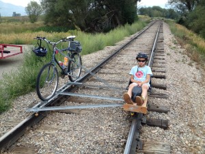 My son Sam sitting on the "side car" I added to my Rail Bike